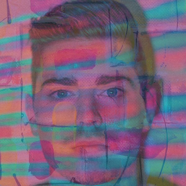 Painting, Justin Nolan, Overlay of artwork on mans face, neon, artist