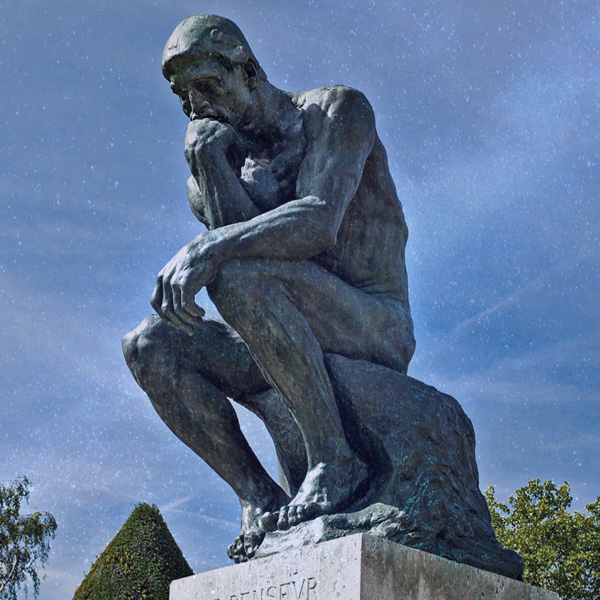 The Thinker, deep thoughts, listening, statue, blue sky